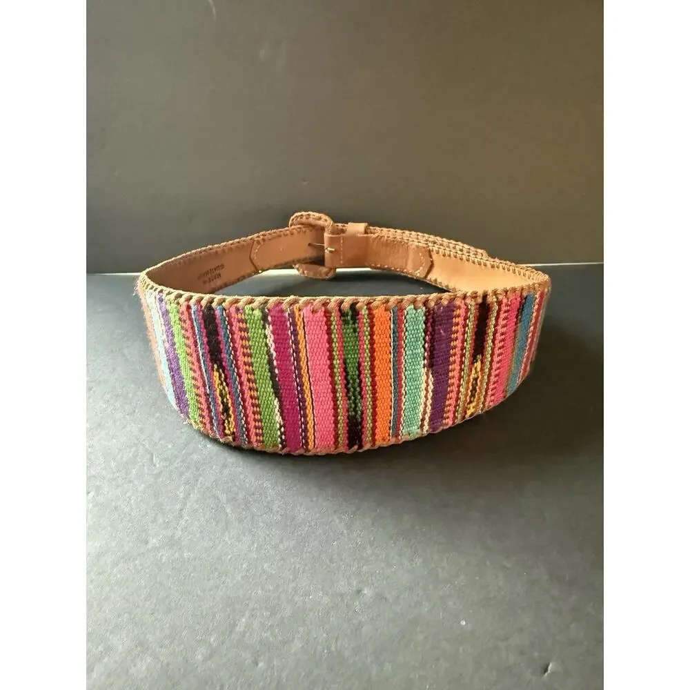 Lands End Southwestern Colorful Boho Belt Woven 28 Inches Leather Guatemala